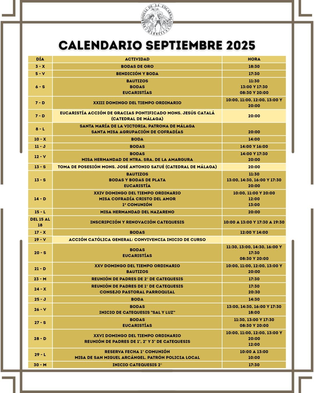 Calendario Septiembre 2025 - Parroquia La Encarnación de Marbella