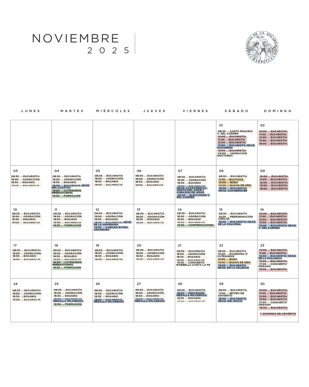Calendario Noviembre 2025 - Parroquia La Encarnación de Marbella