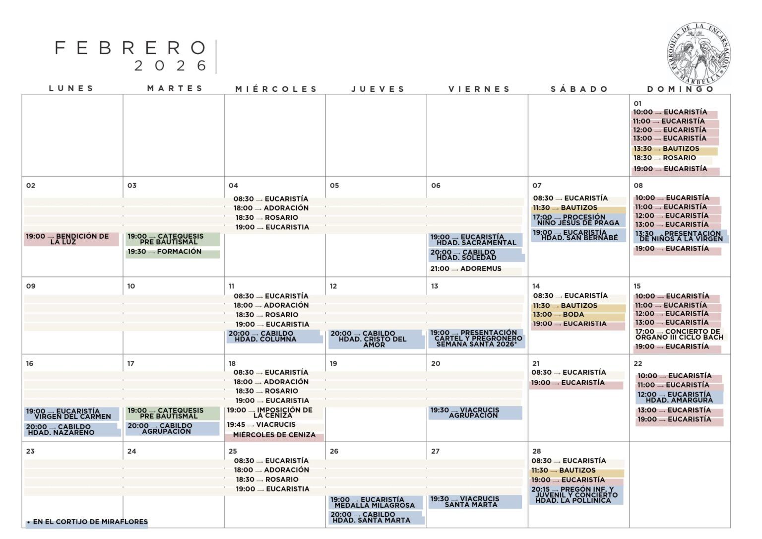 Calendario Febrero 2026 - Parroquia La Encarnación de Marbella