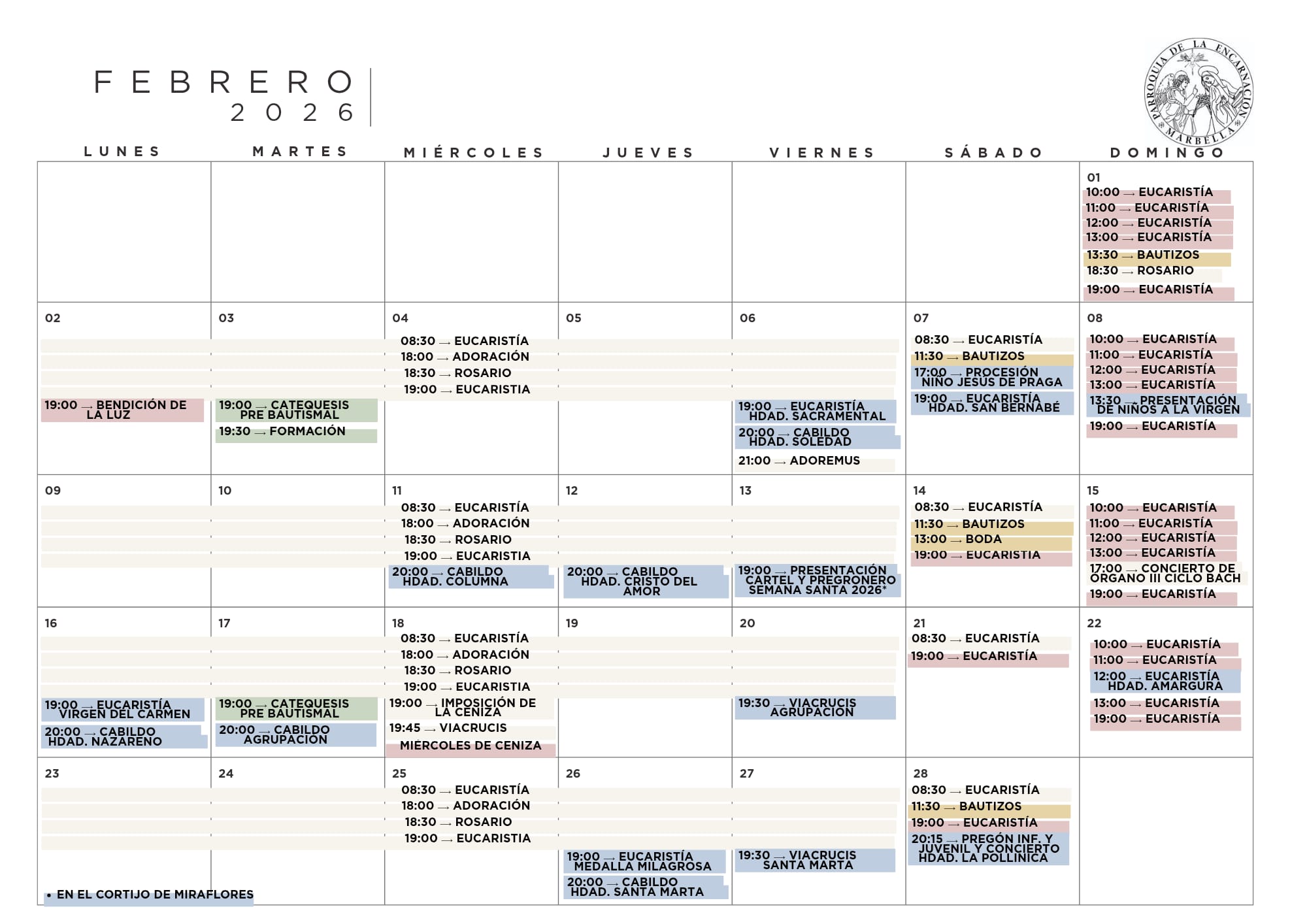 Calendario Febrero 2026 - Parroquia La Encarnación de Marbella