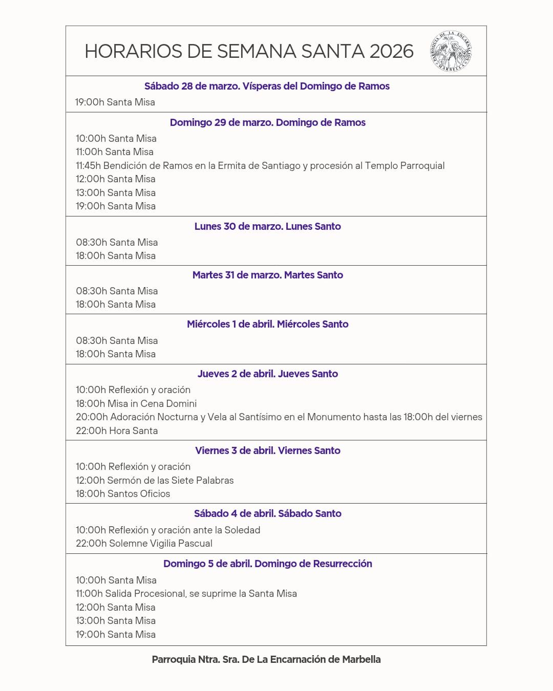 Horarios de Semana Santa 2026 - Parroquia La Encarnación de Marbella
