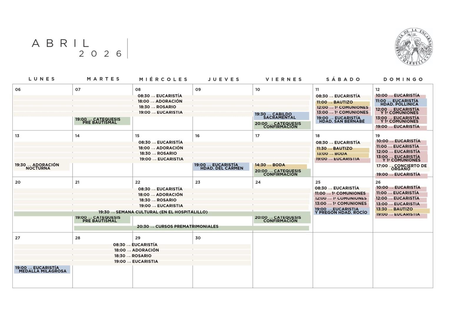 Calendario Abril 2026 - Parroquia La Encarnación de Marbella